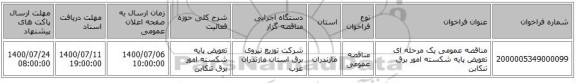 مناقصه عمومی یک مرحله ای تعویض پایه شکسته امور برق تنکابن 