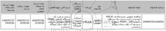 مناقصه عمومی دو مرحله ای 400.01 (تجدید) ساخت و نصب یک دستگاه رکتیفایر4000A , 200v مربوط به سیستم آب ژاول سازی نیروگاه بندرعباس