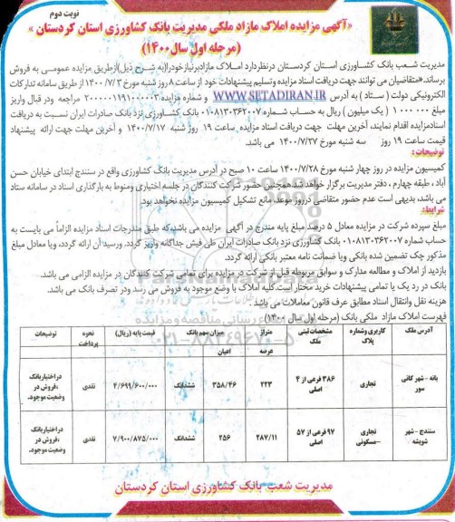 مزایده مزایده فروش املاک مازاد تجاری و مسکونی نوبت دوم مرحله اول