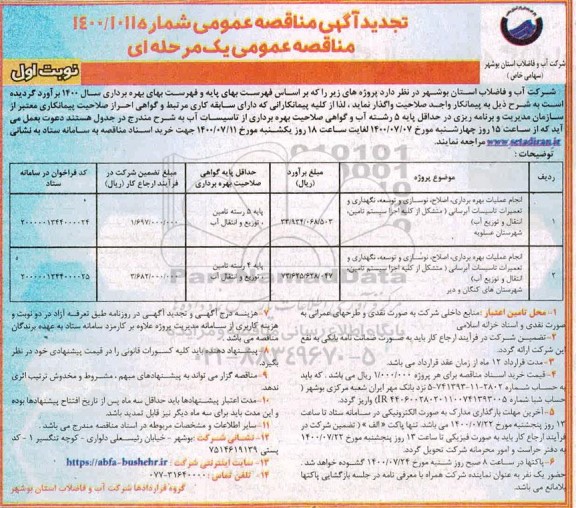 تجدید مناقصه انجام عملیات بهره برداری ، اصلاح ، نوسازی ... 