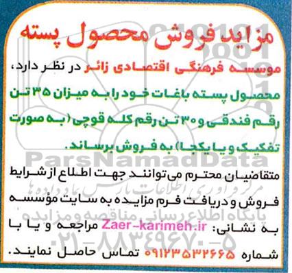 مزایده فروش محصول پسته باغات خود را به میزان ۳۵ تن رقم فندقی