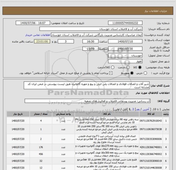 استعلام شیر آلات و اتصالات فولادی و اتصالات پلی اتیلن و پیچ و مهره گالوانیزه طبق لیست پیوستی در ضمن ایران کد مشابه است