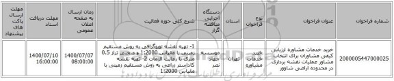 خرید خدمات مشاوره ارزیابی کیفی مشاوران برای انتخاب مشاور عملیات نقشه برداری در محدوده اراضی شاوور