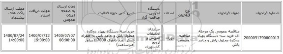 مناقصه عمومی یک مرحله ای خرید سه دستگاه پهپاد دوکاره محلول پاش و جامد پاش 