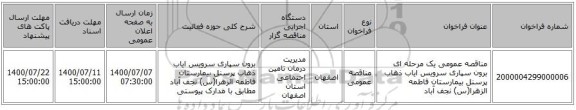 مناقصه عمومی یک مرحله ای برون سپاری سرویس ایاب ذهاب پرسنل بیمارستان فاطمه الزهرا(س) نجف آباد