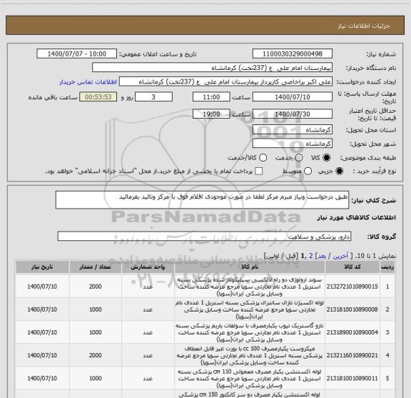 استعلام طبق درخواست ونیاز مبرم مرکز لطفا در صورت موجودی اقلام فوق با مرکز وتائید بفرمائید 