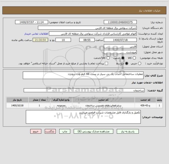 استعلام عملیات ساختمانی احداث یک بی سیار در پست 66 کیلو ولت درودزن