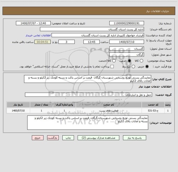 استعلام نمایندگی پستی توزیع روستایی شهرستان گرگان  قیمت بر اساس پاکت و بسته کوچک زیر 2کیلو و بسته و امانات بالای 2کیلو