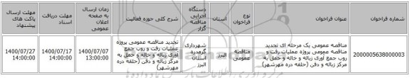 مناقصه عمومی یک مرحله ای تجدید مناقصه عمومی پروژه عملیات رفت و روب جمع آوری زباله و خاله و حمل به مرکز زباله و دفن (حلقه دره مهرشهر)