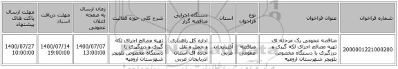 مناقصه عمومی یک مرحله ای تهیه مصالح اجرای لکه گیری و درزگیری با دستگاه مخصوص بلوپچر شهرستان ارومیه ‏‏‏‏