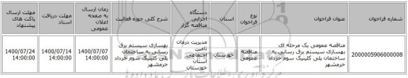 مناقصه عمومی یک مرحله ای بهسازی سیستم برق رسانی به ساختمان پلی کلینیک سوم خرداد خرمشهر