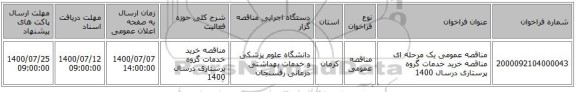مناقصه عمومی یک مرحله ای مناقصه خرید خدمات گروه پرستاری درسال 1400