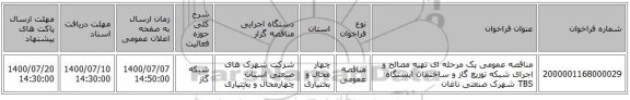 مناقصه عمومی یک مرحله ای تهیه مصالح و اجرای شبکه توزیع گاز و ساختمان ایستگاه TBS شهرک صنعتی ناغان