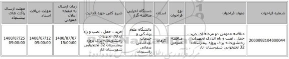 مناقصه عمومی دو مرحله ای خرید ، حمل ، نصب و راه اندازی تجهیزات رختشویخانه برای پروژه بیمارستان 32 تختخوابی شهرستان انار
