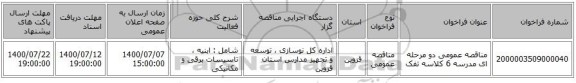 مناقصه عمومی دو مرحله ای مدرسه 6 کلاسه تفک