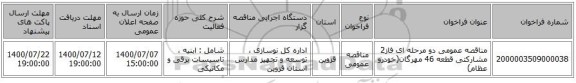 مناقصه عمومی دو مرحله ای فاز2 مشارکتی قطعه 46 مهرگان(خودرو عظام)
