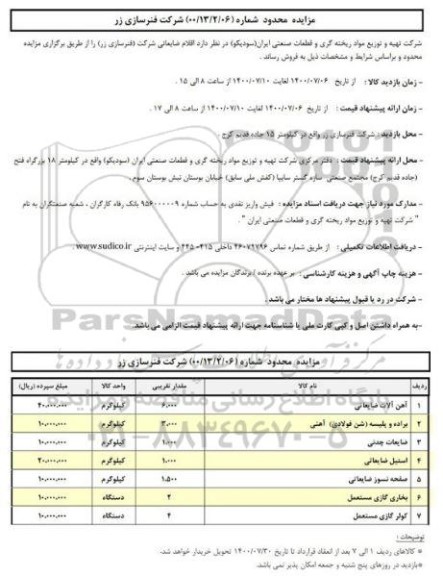 مزایده, مزایده محدود اقلام ضایعاتی شرکت