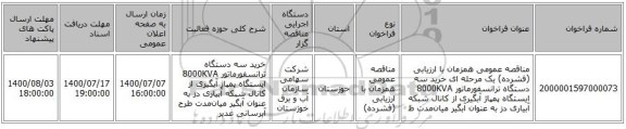 مناقصه عمومی همزمان با ارزیابی (فشرده) یک مرحله ای خرید سه دستگاه ترانسفورماتور 8000KVA ایستگاه پمپاژ آبگیری از کانال شبکه آبیاری دز به عنوان آبگیر میان‌مدت ط