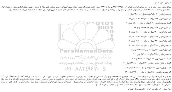 مزایده،مزایده فروش 1- تلیسه وزن تقریبی 400 کیکو گروم و...