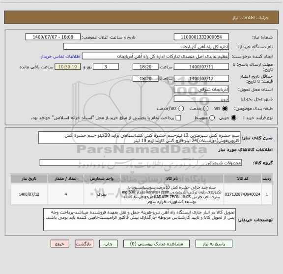 استعلام سم حشره کش سپرمترین 12 لیتر-سم حشره کش کشاستامی پراید 20کیلو -سم حشره کش کلروپریفوش(دورسبلان)24 لیتر-قارچ کش کاربندازیم 10 لیتر