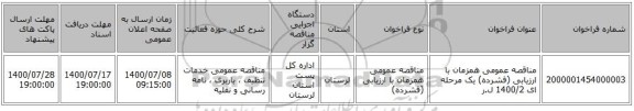 مناقصه عمومی همزمان با ارزیابی (فشرده) یک مرحله ای 1400/2 ل.ر