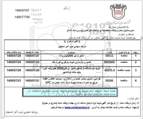 مناقصه تابلو درایو 200 کیلو وات ...