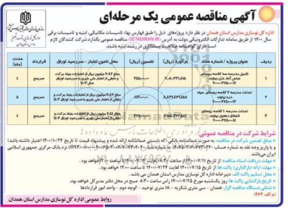 مناقصه تکمیل مدرسه سه کلاسه روستای ...