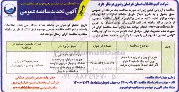 تجدید مناقصه، تجدید مناقصه طرح تجهیز و اجرای خط جمع آوری آب چاه شماره 2 کوثر 