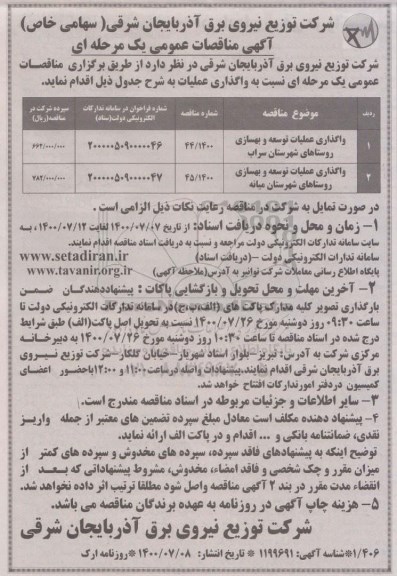 مناقصه واگذاری عملیات توسعه و بهسازی روستاهای شهرستان