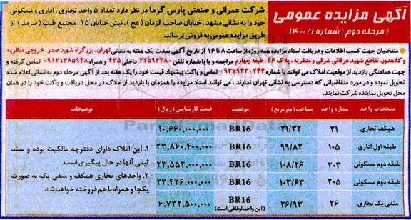 مزایده،مزایده فروش 5 واحد تجاری ، اداری و مسکونی مرحله دوم