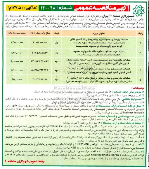 مناقصه عملیات زیرسازی ، جدولبندی و پیاده روسازی ...
