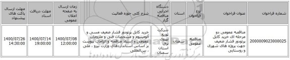 مناقصه عمومی دو مرحله ای خرید کابل پرتودور فشار ضعیف جهت پروژه های شهری و روستایی
