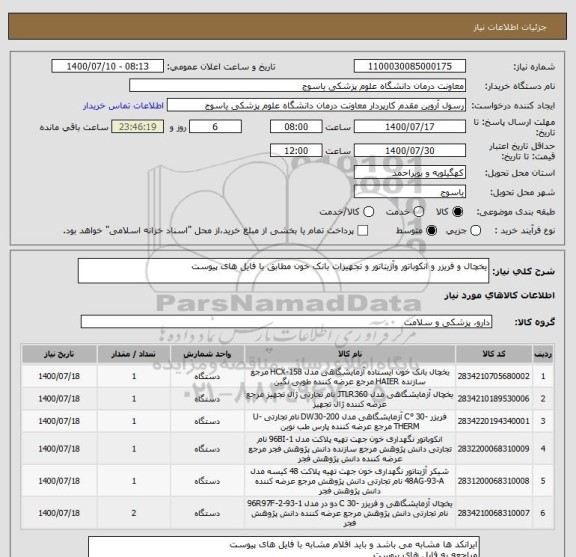 استعلام یخچال و فریزر و انکوباتور وآژیتاتور و تجهیزات بانک خون مطابق با فایل های پیوست