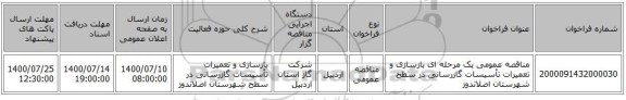 مناقصه عمومی یک مرحله ای بازسازی و تعمیرات تأسیسات گازرسانی در سطح شهرستان اصلاندوز 
