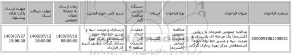 مناقصه عمومی همزمان با ارزیابی (فشرده) یک مرحله ای بازسازی و مرمت ابنیه و مسیر خط لوله حوزه استحفاظی مرکز بهره برداری گرگان