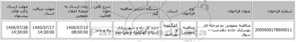 مناقصه عمومی دو مرحله ای بهسازی جاده دهدشت – سوق