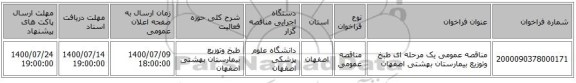 مناقصه عمومی یک مرحله ای طبخ وتوزیع بیمارستان بهشتی اصفهان