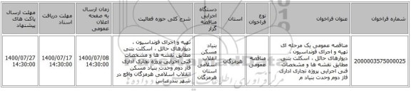مناقصه عمومی یک مرحله ای تهیه و اجرای فونداسیون ، دیوارهای حائل ، اسکلت بتنی مطابق نقشه ها و مشخصات فنی اجرایی  پروژه تجاری اداری فاز دوم وحدت بنیاد م