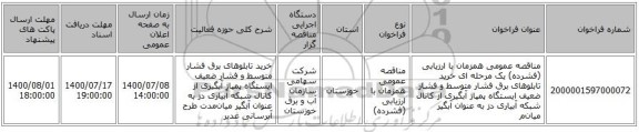 مناقصه عمومی همزمان با ارزیابی (فشرده) یک مرحله ای خرید تابلوهای برق فشار متوسط و فشار ضعیف ایستگاه پمپاژ آبگیری از کانال شبکه آبیاری دز به عنوان آبگیر میان‌م