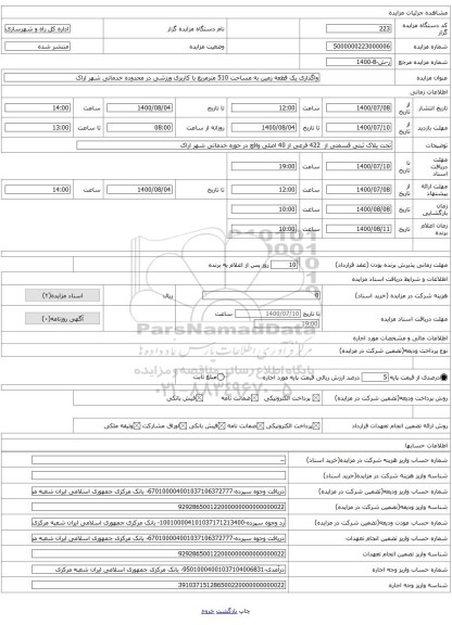 واگذاری یک قطعه زمین به مساحت 510 مترمربع با کاربری ورزشی در محدوده خدماتی شهر اراک