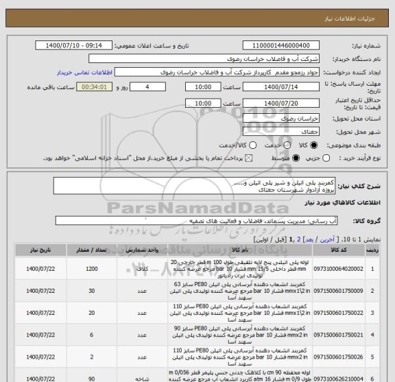 استعلام کمربند پلی اتیلن و شیر پلی اتیلن و.....
پروژه آزادوار شهرستان جغتای