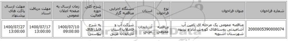 مناقصه عمومی یک مرحله ای تامین آب آشامیدنی روستاهای کوروش آباد و نرزیوه شهرستان اشنویه