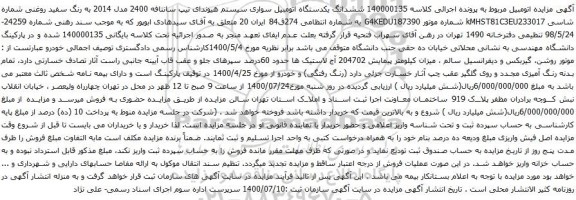 آگهی مزایده ششدانگ یکدستگاه اتومبیل سواری سیستم هیوندای تیپ سانتافه