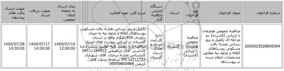 مناقصه عمومی همزمان با ارزیابی (فشرده) دو مرحله ای تکمیل و بروز رسانی نقشه بافت مسکونی روستاهای کلاله و مراوه تپه مطابق مشخصات اعلام شده در پیوست‌ها