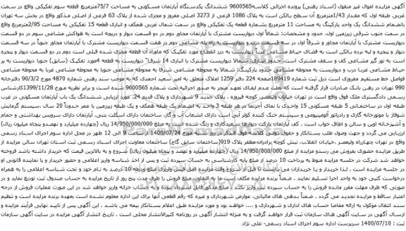 آگهی مزایده ششدانگ یکدستگاه آپارتمان مسکونی به مساحت 75/7مترمربع