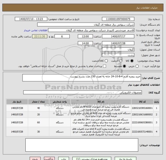 استعلام خرید پنجره آلارم 4-8-10-24 خانه به تعداد 150 عدد بشرح پیوست
