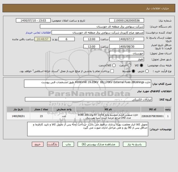 استعلام خازن 400KVAR 19.05KV  BIL170KV External Fues 2BUshings طبق مشخصات فنی پیوست 