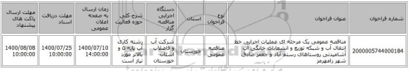 مناقصه عمومی یک مرحله ای عملیات اجرایی خط انتقال آب و شبکه توزیع و انشعابات خانگی آب آشامیدنی روستاهای رستم آباد و جعفر صادق شهر رامهرمز