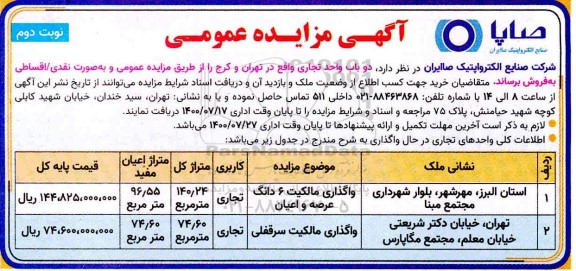 مزایده مزایده فروش دو باب واحد تجاری نوبت دوم