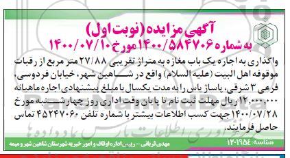 مزایده، مزایده اجاره یک باب مغازه